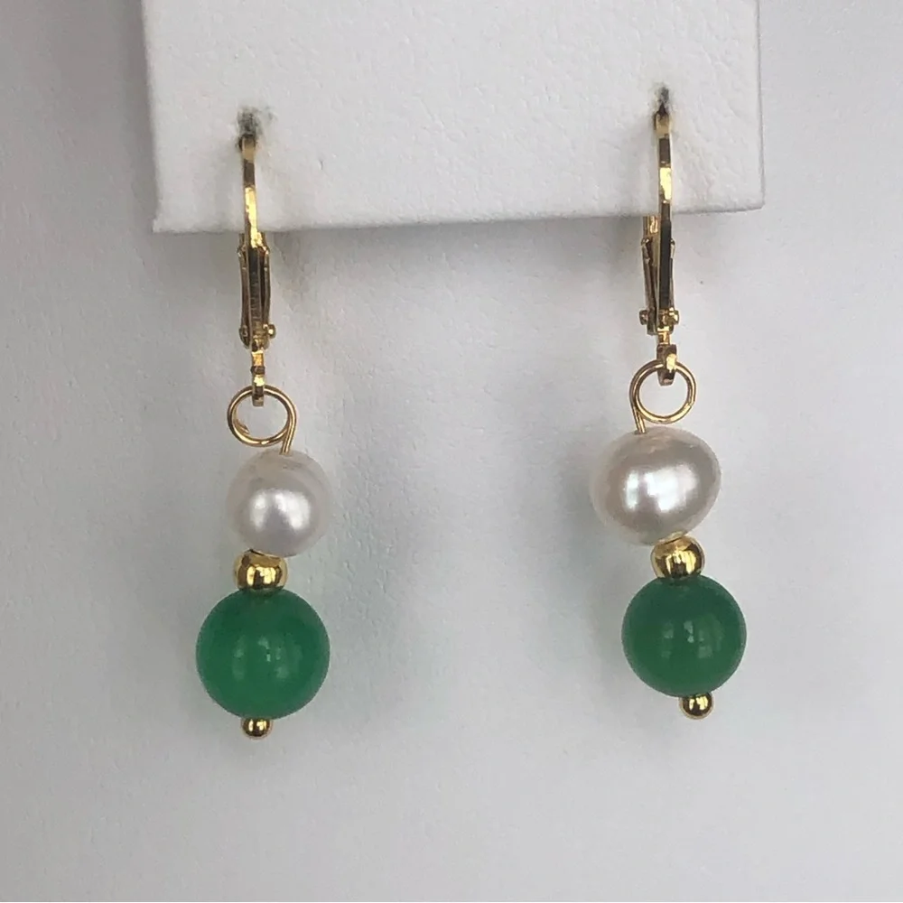 7-8mm Freshwater Pearl & Green Jade Beads Necklace Bracelet & Earrings Set - Picture 2 of 3